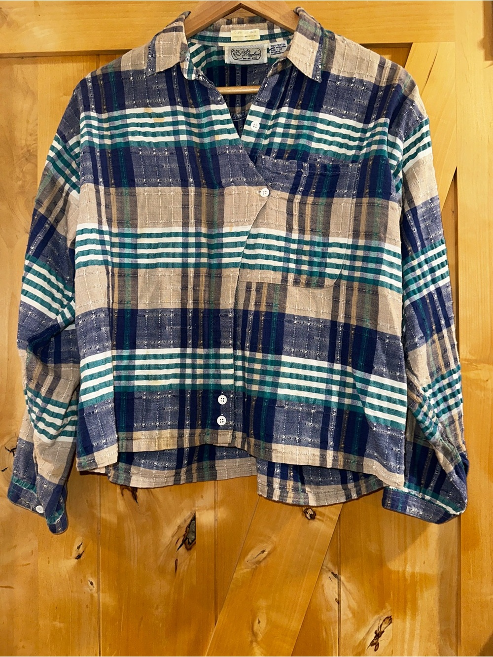 Relaxed Plaid Button-Front Blouse in Navy, Teal & Tan